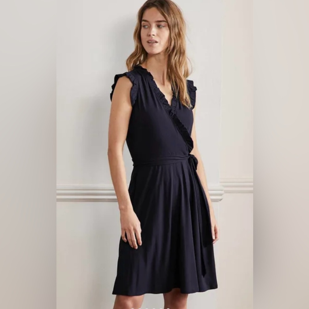 EUC Boden Navy Blue Stretch Jersey Ruffled Fixed Wrap Dress Size 16/18 Long